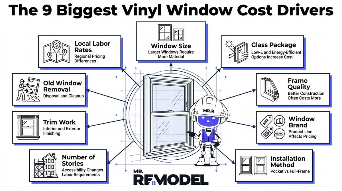 Infographic Title: The 9 Biggest Vinyl Window Cost Drivers  Internal Strategic Purpose: Help homeowners understand why two window estimates can vary significantly even for similar projects. Do not include this text in the infographic.  Visual Layout: A premium radial infographic centered around a large double-hung vinyl window illustration. Nine geometric cost-driver panels radiate outward with connecting blueprint-style lines. Each panel contains a line-art icon, title, and concise explanation.  Strict Asset Instructions:  Use the same Color System, Logo Integrity, Robot Integrity, and Layout Safety requirements.  Cost Driver Hubs:  1. Window Size  • Larger Windows Require More Material  2. Glass Package  • Low-E and Energy-Efficient Options Increase Cost  3. Frame Quality  • Better Construction Often Costs More  4. Window Brand  • Product Line Affects Pricing  5. Installation Method  • Pocket vs Full-Frame  6. Number of Stories  • Accessibility Changes Labor Requirements  7. Trim Work  • Interior and Exterior Finishing  8. Old Window Removal  • Disposal and Cleanup  9. Local Labor Rates  • Regional Pricing Differences  Center Message:  • The Window Is Only Part of the Final Estimate  Robot Mascot Action:  Position the robot beside the center window presenting the surrounding cost factors.